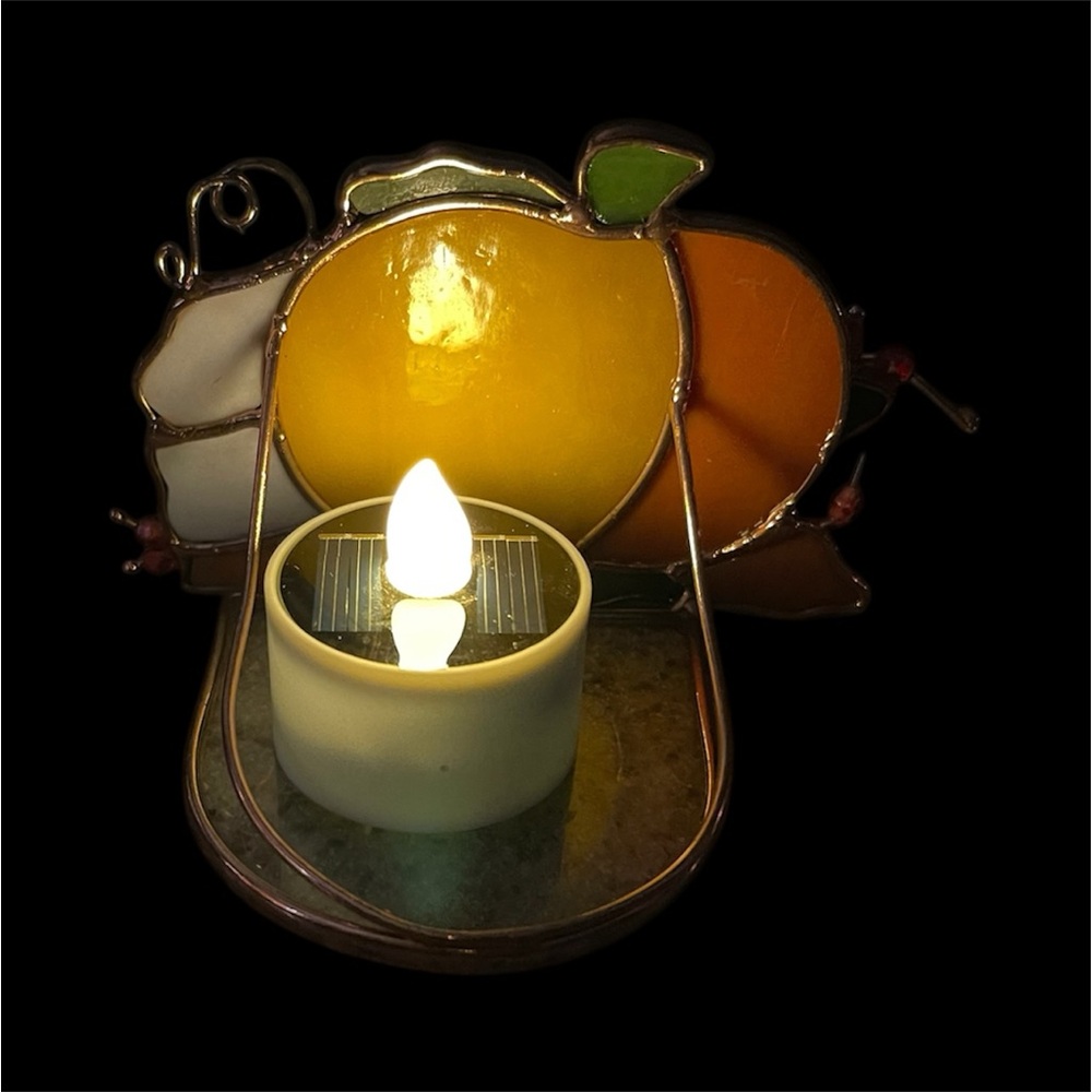 Vintage Small Stained Glass Pumpkin Autumn Tealight Holder Fall Apple Acorns - Picture 6 of 8